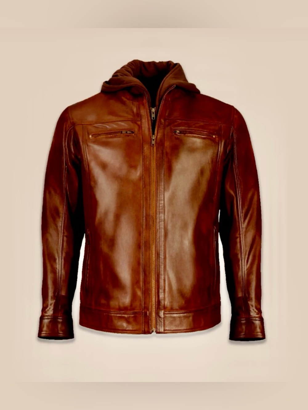 Men’s  VTG cognac, brown Leather  Tamer Tanca Jacket with zip out hooded liner